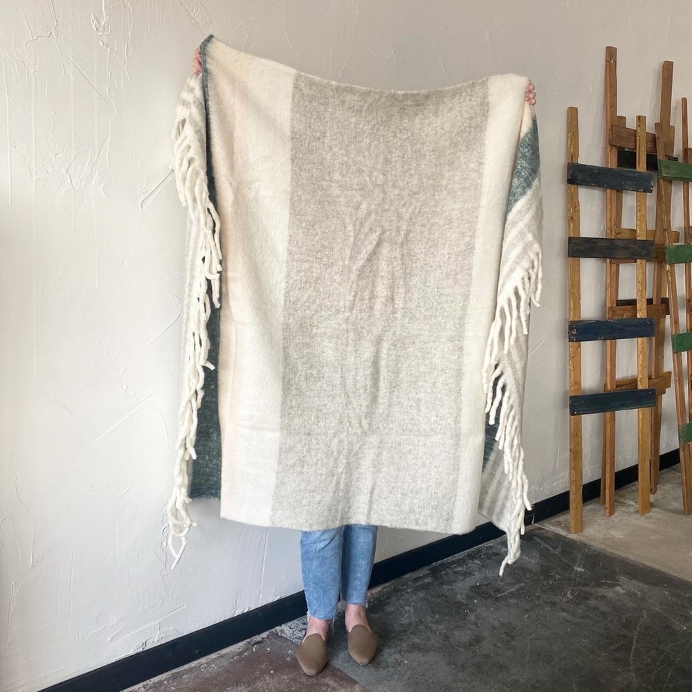 NEW Cream Grey Fringe Acrylic Wool Like Tassel Blanket